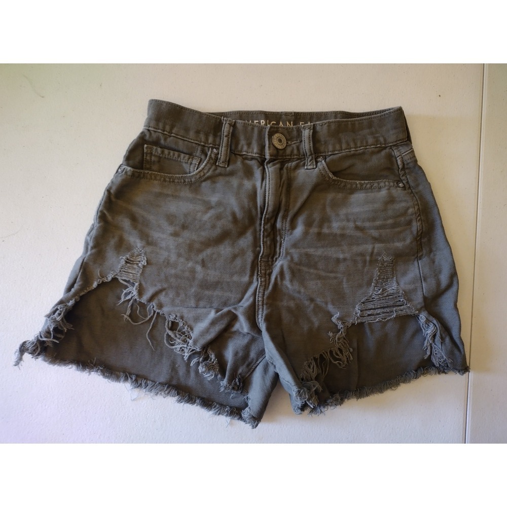 American‎ Eagle Womens Gray High Rise Mom Shorts Distressed Frayed Hem Size 00
